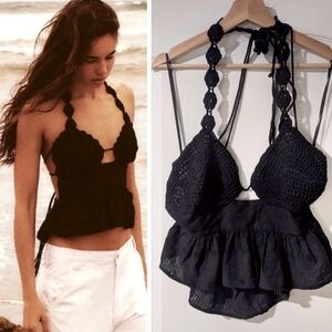 NEW! Zara | Crochet Peplum Halter Crop Top In Black